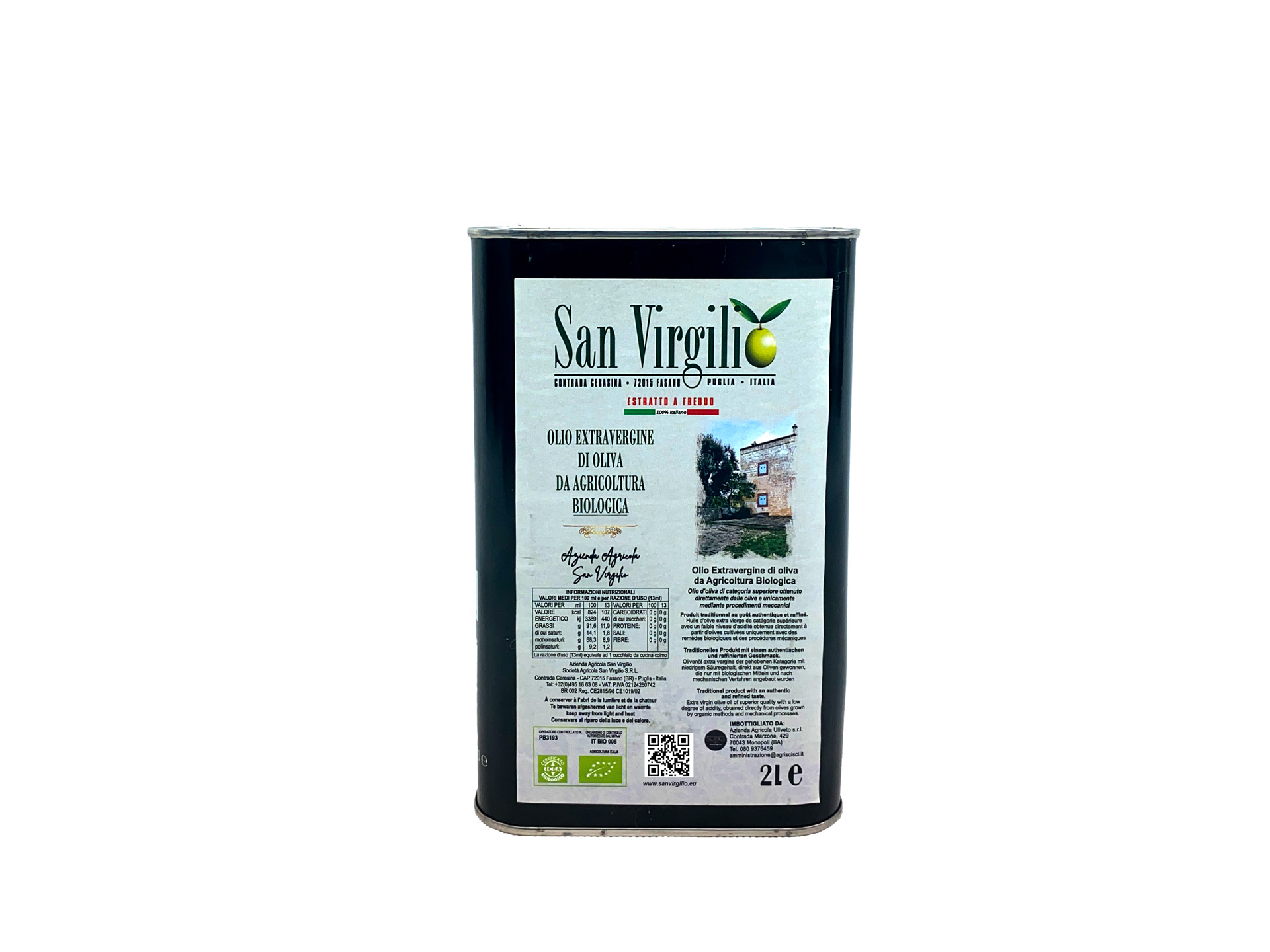 Olio Extra Vergine di Oliva Biologico San Virgilio in lattina da 2 litri - formato famiglia in metallo protettivo
