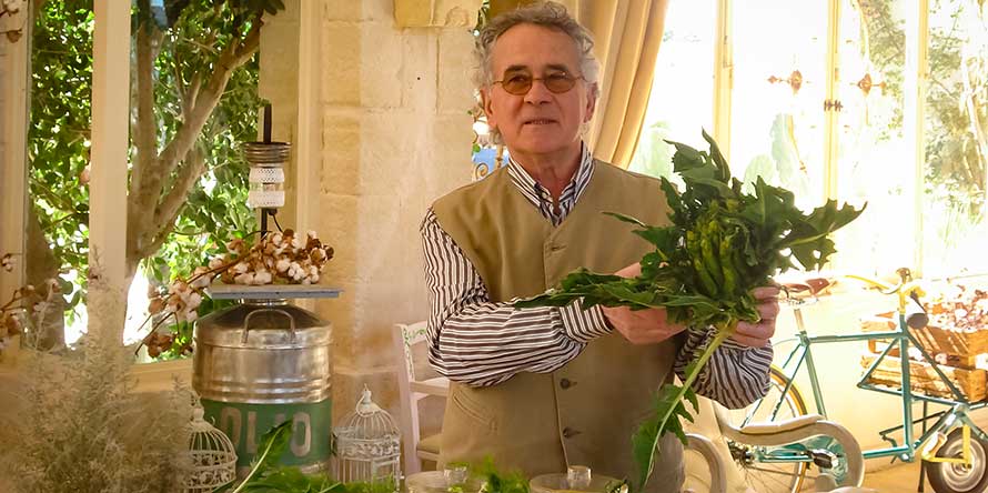 Severino Frea, fondatore della Società Agricola San Virgilio, tiene un cesto di cicoria fresca biologica raccolta dalla tenuta a Fasano, Puglia